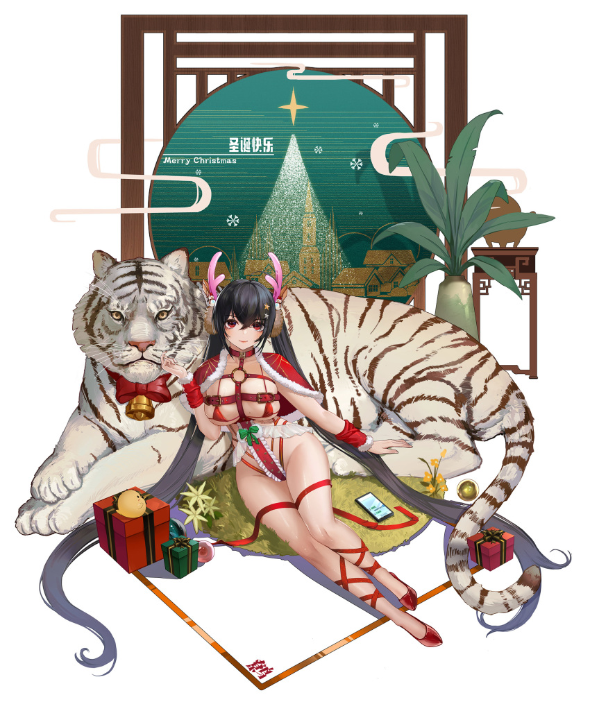 animal_earmuffs antlers azur_lane bell bikini black_hair breasts byakko capelet cellphone christmas christmas_tree cleavage english_text female flower fur-trimmed_capelet fur_trim gift highres horns large_breasts long_hair looking_at_viewer manjuu_(azur_lane) merry_christmas neck_bell phone plant potted_plant red_bikini red_capelet red_eyes red_ribbon red_wristband reindeer_antlers revealing_clothes ribbon smartphone star_(symbol) swimsuit taihou_(azur_lane) tiger twintails very_long_hair white_tiger xue_yue_(zero)