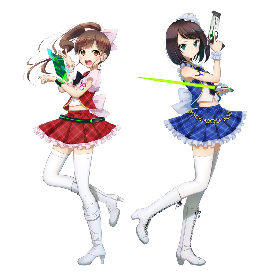 2girls artist_request bob_cut gun hologram jacket_(artist) multiple_girls ponytail rina skirt smartwatch yuzuka