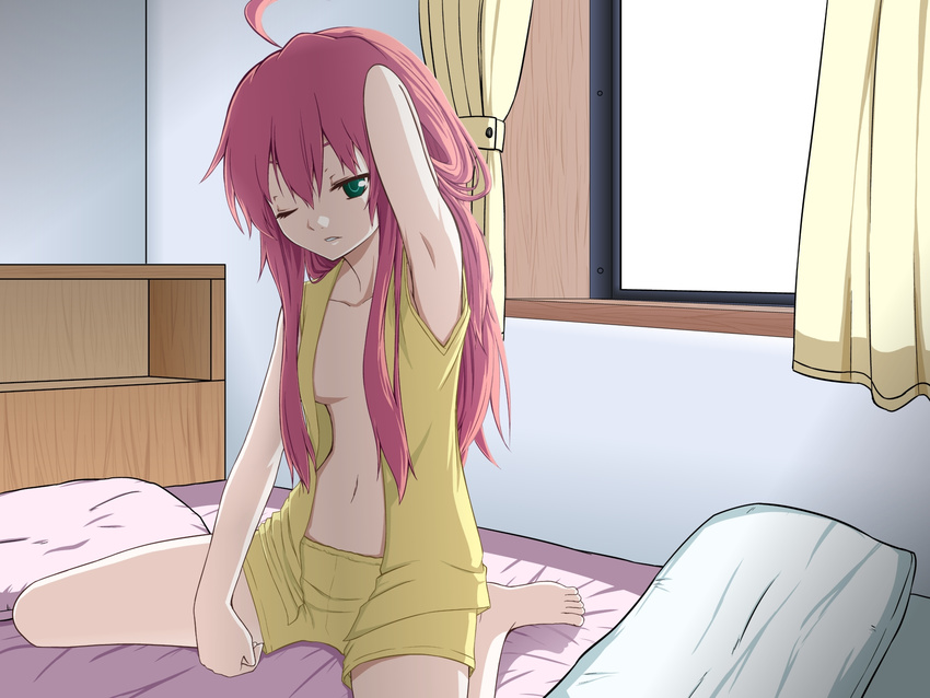 ahoge anthoby4649 arm_up armpits barefoot bed breasts commentary_request curtains dies_irae female green_eyes highres indoors long_hair medium_breasts navel no_bra on_bed one_eye_closed open_clothes open_shirt pajamas parted_lips pillow red_hair rusalka_schwagerin shinza_bansho_series shirt shorts sidelocks sitting sleepy solo wariza window