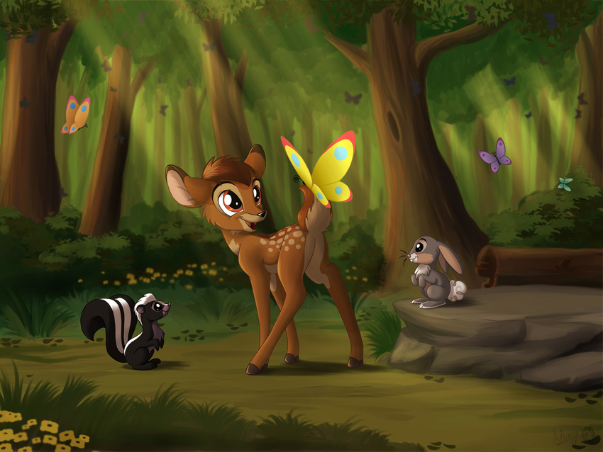 4:3 ambient_arthropod ambient_butterfly ambient_flier ambient_insect ambient_silhouette arthropod bambi bambi_(film) big_ears black_body black_eyes black_fur brown_body brown_eyes brown_fur butterfly deer detailed_ambient_creature detailed_background disney feral flower flower_(bambi) forest fur grass grey_body grey_fur group happy hi_res insects lagomorph lepidopteran leporid light light_beam log male mammal mephitid mule_deer new_world_deer on_tail outside plant rabbit raised_tail riding_on_tail rock shrub silhouette sirzi sitting skunk standing striped_skunk sunbeam sunlight surprise tail thumper_(disney) tree wood young young_feral