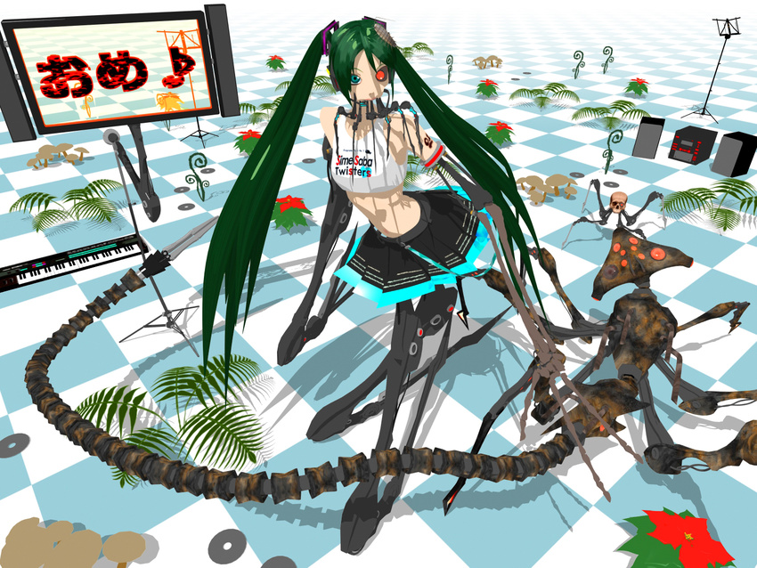 3d bare_shoulders bone bug calne_ca cd checkered checkered_floor chibi_karu-san cosplay crop_top cyborg deino female fern floor flower green_hair hatsune_miku hatsune_miku_(cosplay) heterochromia instrument isopod karune_calcium maeda_koutarou magnesium_(deino) magnesium_(maeda_koutarou) midriff miniskirt monitor mushroom music_stand plant poinsettia skirt skull speaker stereo synthesizer tank_top twintails vocaloid