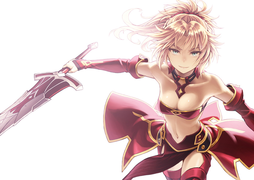 blonde_hair elbow_gloves fate/apocrypha fate_(series) gloves green_eyes mordred navel ponytail saber short_hair sword tagme_(artist) thighhighs weapon white