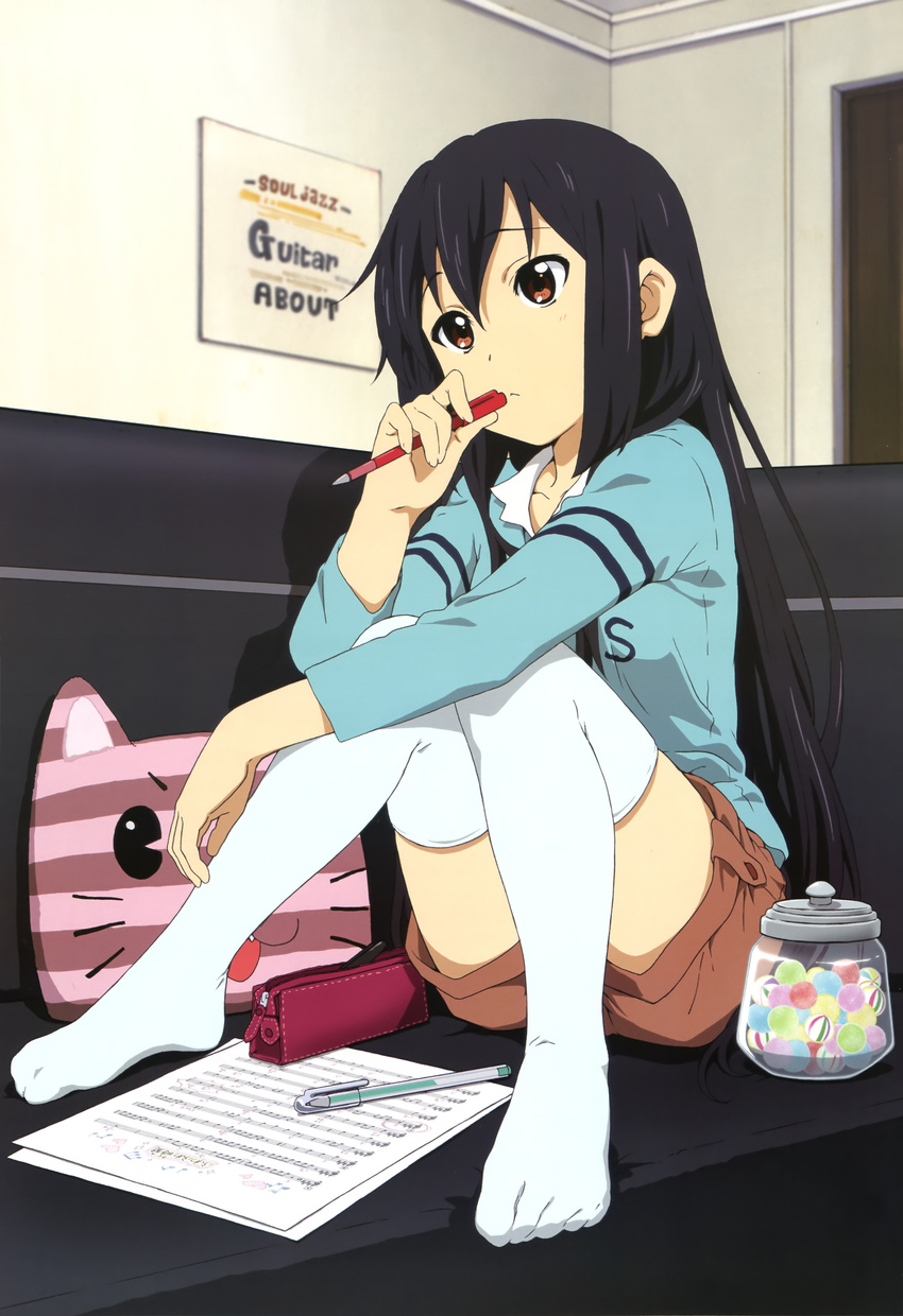 :< absurdres akitake_seiichi alternate_hairstyle beamed_eighth_notes black_hair casual eighth_note eighth_rest feet female hair_down half_rest hands highres imageboard_desourced jar k-on! long_hair mechanical_pencil musical_note nakano_azusa natural_sign no_shoes non-web_source nyantype official_art pen pencil pencil_case quarter_note quarter_rest red_eyes sharp_sign sheet_music shorts sitting solo thighhighs treble_clef white_thighhighs whole_note whole_rest