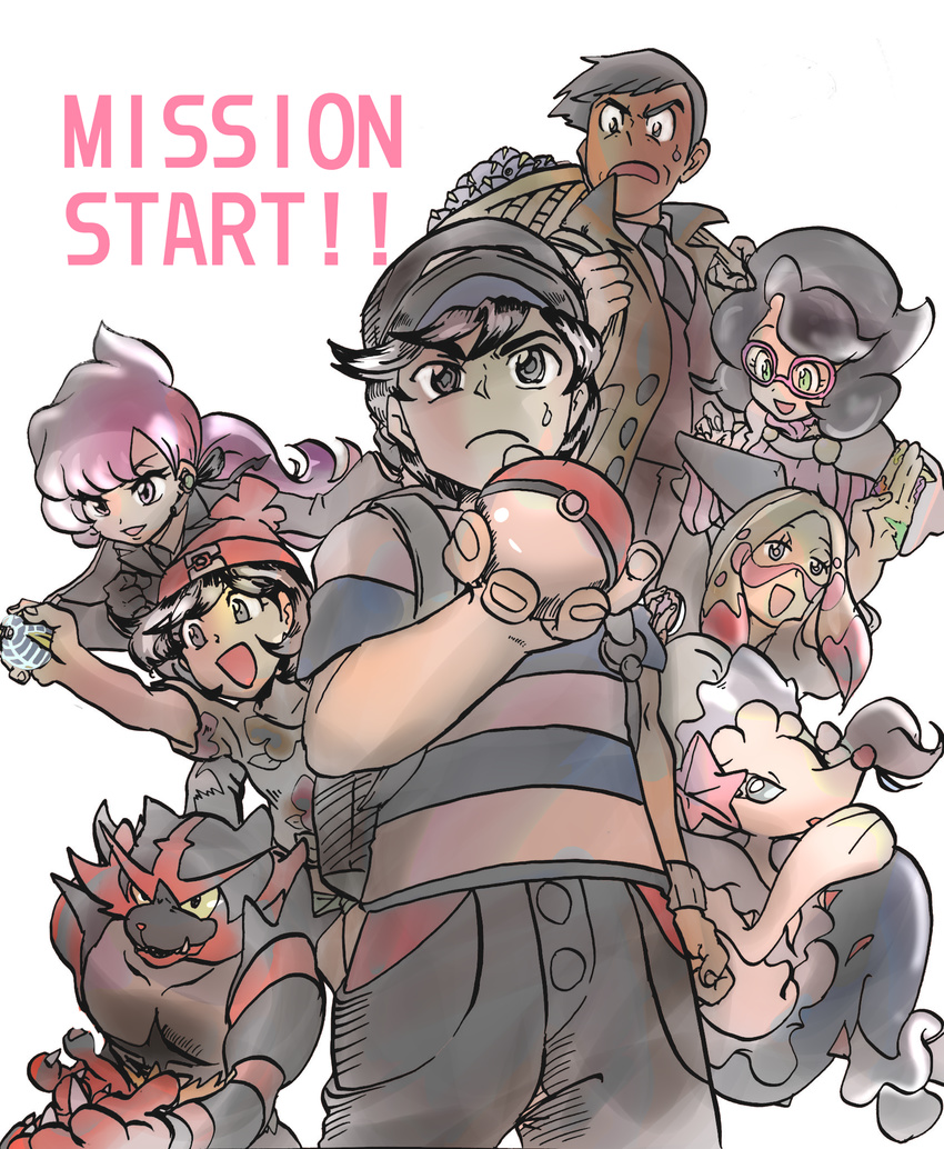 3boys 4girls anabel_(pokemon) baseball_cap beanie beast_ball black_hair black_necktie commentary_request earbuds earphones elio_(pokemon) english_text f_(ffffff9910) glasses hat highres holding holding_poke_ball incineroar long_hair looker_(pokemon) mina_(pokemon) multiple_boys multiple_girls nanu_(pokemon) necktie pink-framed_eyewear poke_ball poke_ball_(basic) poke_ball_theme pokemon pokemon_(creature) pokemon_sm primarina red_hat selene_(pokemon) shirt short_hair short_sleeves striped_clothes striped_shirt wicke_(pokemon)