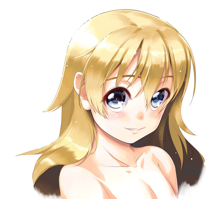 bare_shoulders blonde_hair blue_eyes commentary_request female hair_between_eyes highres long_hair looking_up miyazono_kawori moric photoshop_(medium) shigatsu_wa_kimi_no_uso smile solo upper_body white_background