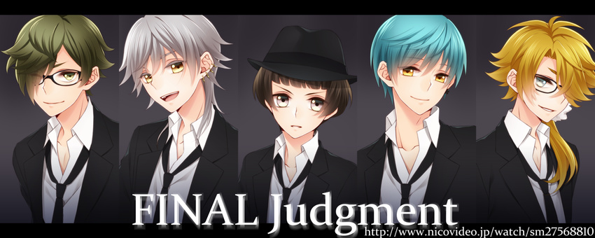 5boys aqua_hair bespectacled blonde_hair brown_eyes brown_hair commentary_request ear_piercing english_text glasses green_eyes green_hair grey_eyes hair_over_one_eye hat hirano_toushirou ichigo_hitofuri male_focus multiple_boys necktie open_mouth piercing rio_(rio_01) shishiou_(touken_ranbu) smile touken_ranbu tsurumaru_kuninaga uguisumaru white_hair yellow_eyes