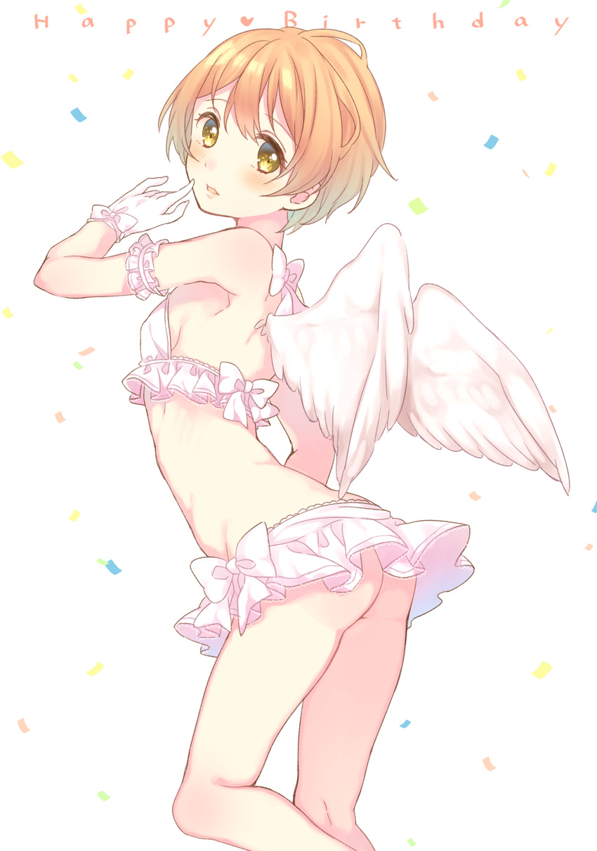 angel_wings ass bad_id bad_pixiv_id bare_shoulders bow bra breasts character_name female frilled_bra frills gloves happy_birthday highres hoshizora_rin looking_at_viewer love_live! love_live!_school_idol_project miniskirt nerunnn open_mouth orange_hair short_hair skirt small_breasts solo underwear white_gloves wings yellow_eyes