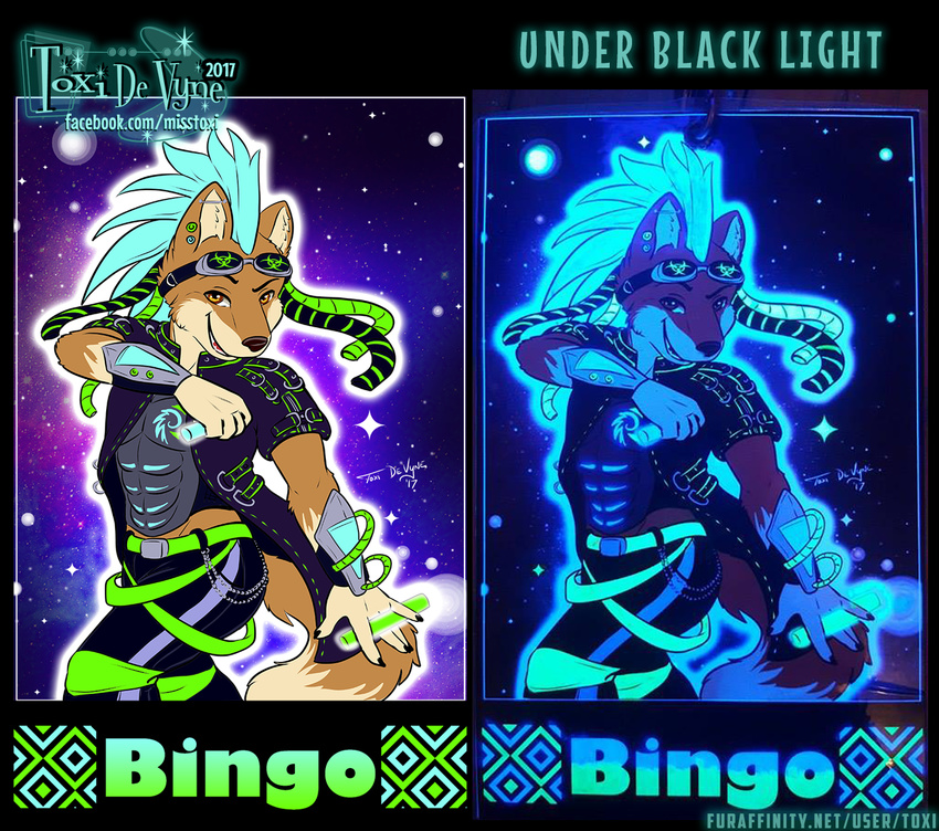 badge black_light bottomwear canid canine canis clothing dancing dingo eyewear glowing glowstick goggles mammal mohawk neon pants party rave raver toxi_de_vyne