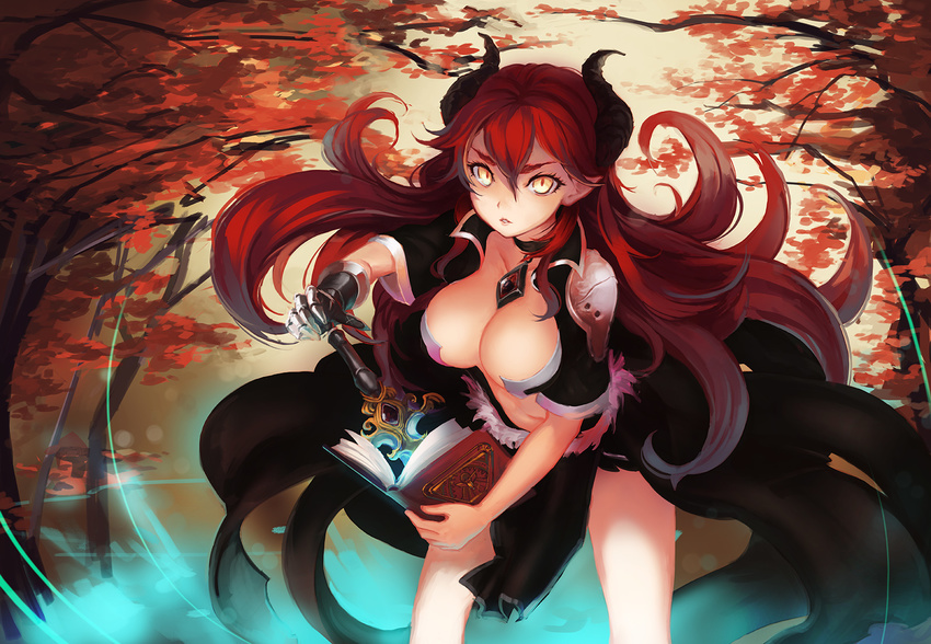 airomed bad_id bad_pixiv_id book borrowed_character breasts cleavage commentary female gauntlets highres horns large_breasts leaning_forward long_hair looking_at_viewer original pointy_ears red_hair slit_pupils softmode solo sword tree weapon yellow_eyes