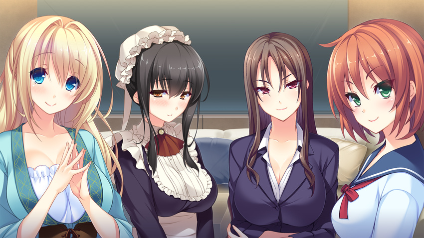 4girls ane_yome_quartet ayase_hazuki black_hair blonde_hair blue_eyes blush breasts brown_hair cleavage embarrassed formal game_cg green_eyes hair_bun hanabishi_anzu hanabishi_momone hanabishi_saori hanabishi_yurina highres hisashi_(nekoman) huge_breasts large_breasts lineup long_hair looking_at_viewer maid multiple_girls orange_hair red_eyes school_uniform short_hair siblings sideboob sisters smile standing suit yellow_eyes