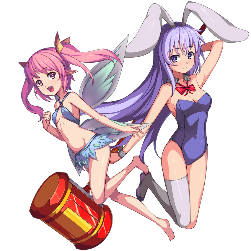 2girls animal_ears armpits arms_up bare_shoulders barefoot bikini bikini_top_only blue_leotard breasts cleavage detached_collar erina_(rabi-ribi) fairy fairy_wings full_body game_cg grey_thighhighs highres leotard long_hair mallet miniskirt multiple_girls navel official_art open_mouth pink_eyes pink_hair playboy_bunny pointy_ears purple_eyes purple_hair rabbit_ears rabi-ribi ribbon ribbon_(rabi-ribi) saiste shoes simple_background single_thighhigh skirt small_breasts smile swimsuit thighhighs transparent_background twintails very_long_hair wings wrist_cuffs