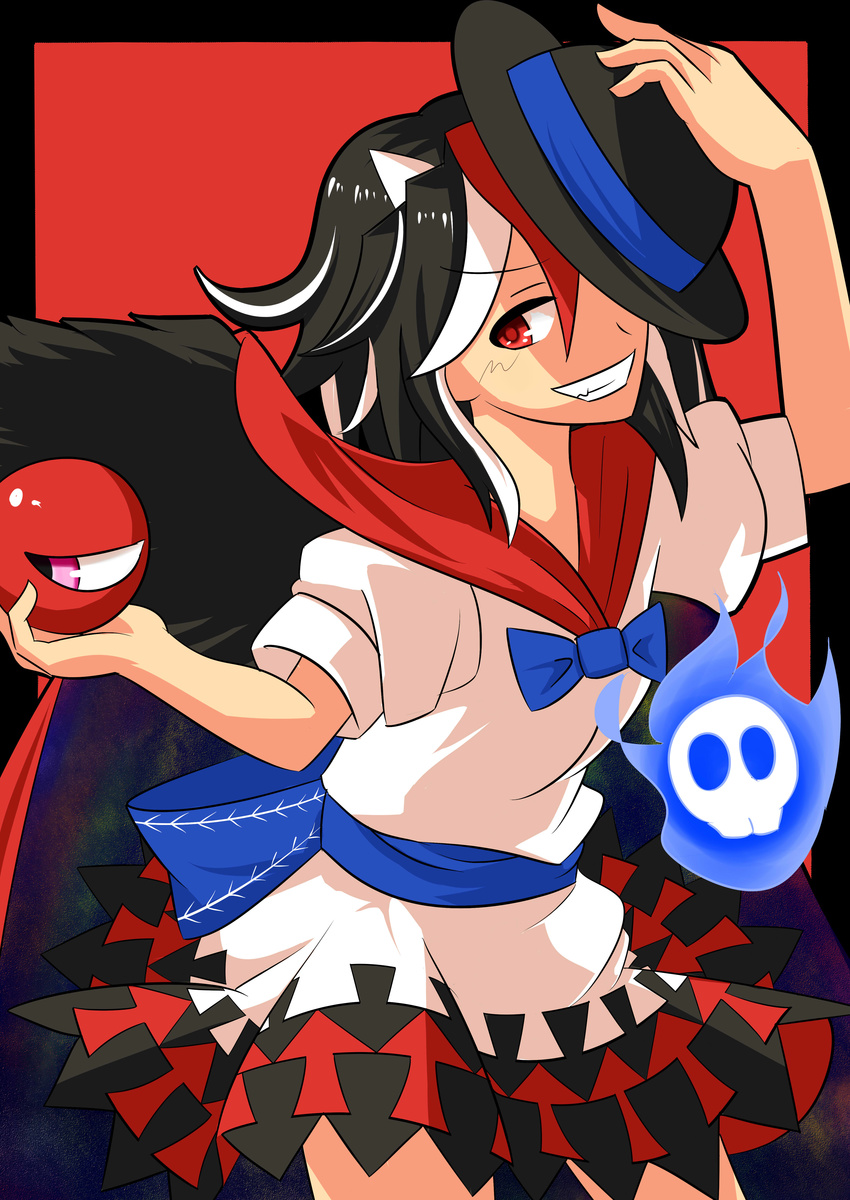 absurdres adjusting_clothes adjusting_headwear arrow_(symbol) black_hair black_wings bow cape commentary_request cone_horns dress eyeball female grin hat highres horns kijin_seija masakano_masaka multicolored_hair red_eyes red_hair short_hair skull small_horns smile solo streaked_hair third_eye touhou white_hair white_horns wings