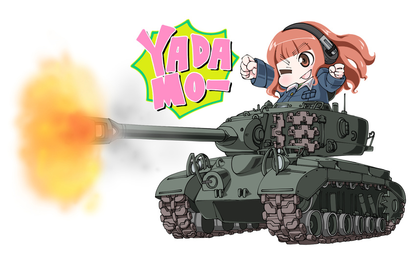 caterpillar_tracks chibi commentary_request female girls_und_panzer headphones highres long_hair m26_pershing military military_vehicle motor_vehicle one_eye_closed ooarai_military_uniform orange_eyes orange_hair smile takebe_saori tank white_background yunaka_(259808)