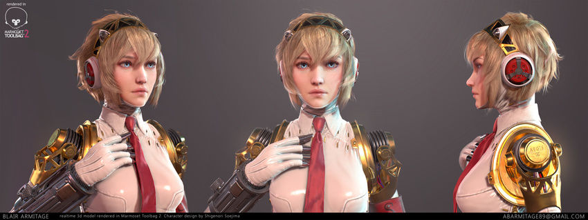 3d aegis_(persona) android artstation_sample blair_armitage blonde_hair blue_eyes commentary_request female gradient_background hand_on_own_chest highres image_sample joints looking_at_viewer multiple_views necktie persona persona_3 realistic robot_joints short_hair upper_body very_short_hair