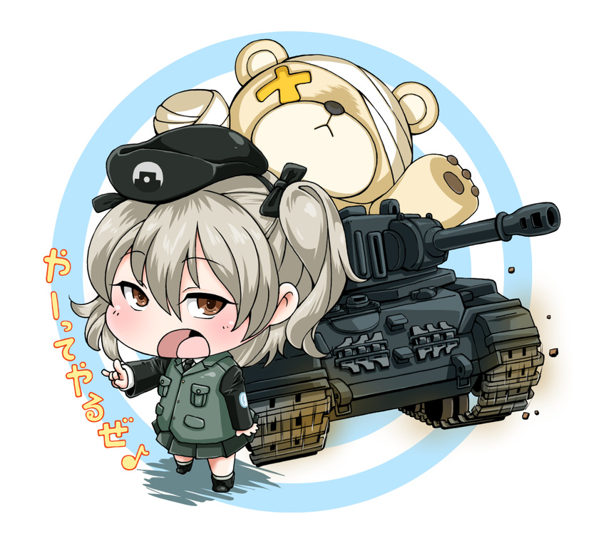 boko_(girls_und_panzer) caterpillar_tracks centurion_(tank) chibi commentary_request female girls_und_panzer military military_vehicle motor_vehicle selection_university_military_uniform shimada_arisu stuffed_animal stuffed_toy tank teddy_bear yunaka_(259808)