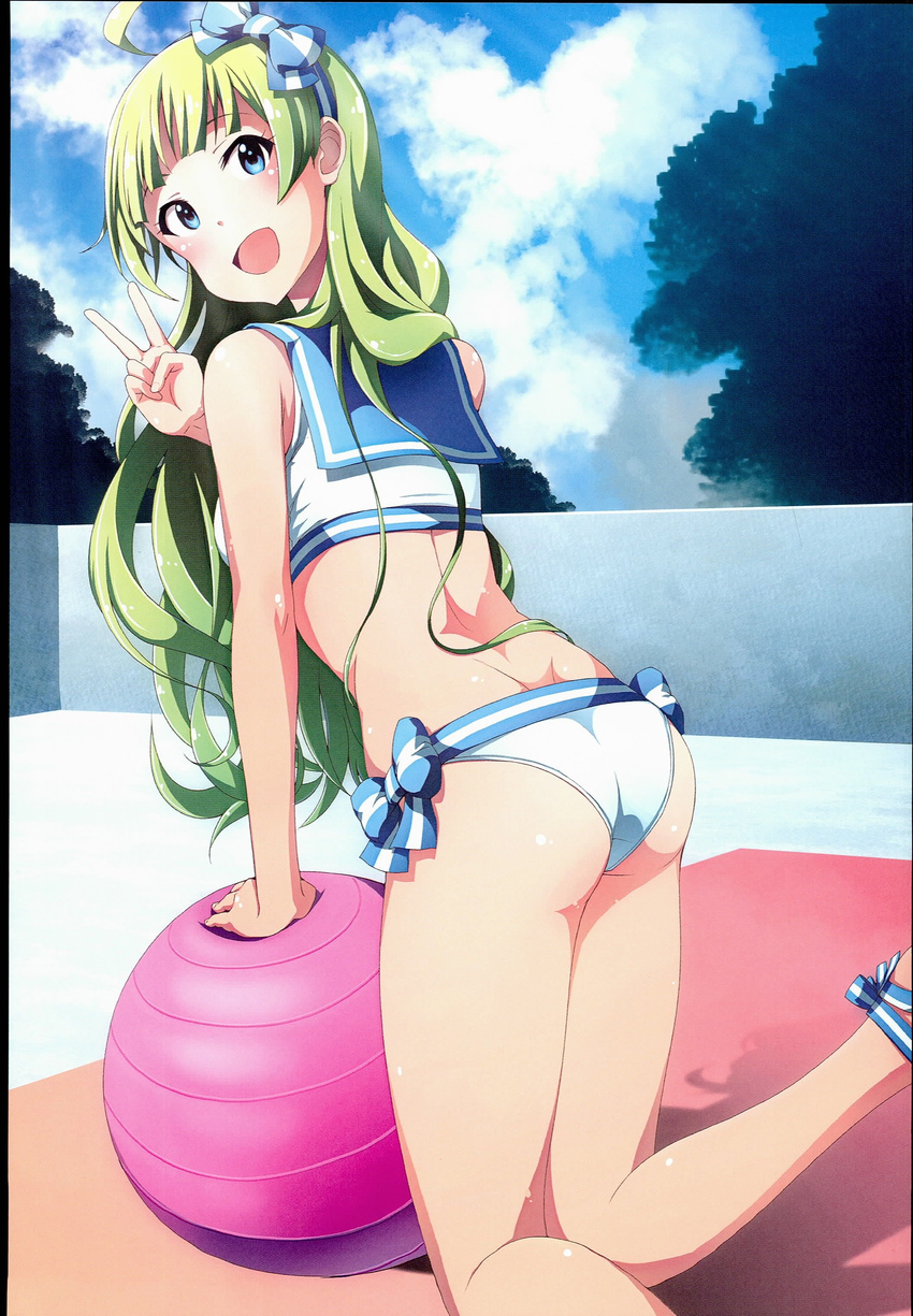 absurdres aqua_eyes ass ball bikini exercise_ball female green_hair highres idolmaster idolmaster_million_live! kabayaki_unagi leaning_on_ball long_hair non-web_source open_mouth sailor_bikini sailor_collar sailor_swimsuit_(idolmaster) sandals scan scan_artifacts shimabara_elena smile solo swimsuit v