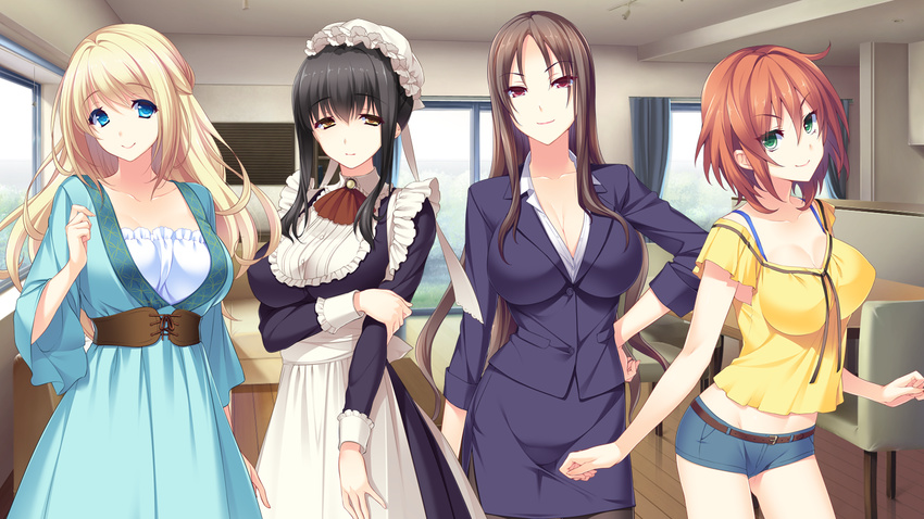 4girls ane_yome_quartet ayase_hazuki belt black_hair blonde_hair blue_eyes breasts brown_hair cleavage curtains dress game_cg green_eyes hair_bun hanabishi_anzu hanabishi_momone hanabishi_saori hanabishi_yurina hand_on_hip happy highres hisashi_(nekoman) huge_breasts large_breasts legs lineup long_hair looking_at_viewer maid multiple_girls orange_hair red_eyes short_hair short_shorts shorts siblings sisters skirt smile standing table thighs window yellow_eyes