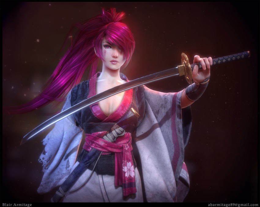 3d artist_name baiken blair_armitage commentary_request email_address female guilty_gear hair_over_one_eye highres japanese_clothes katana long_hair pink_eyes pink_hair ponytail solo sword weapon