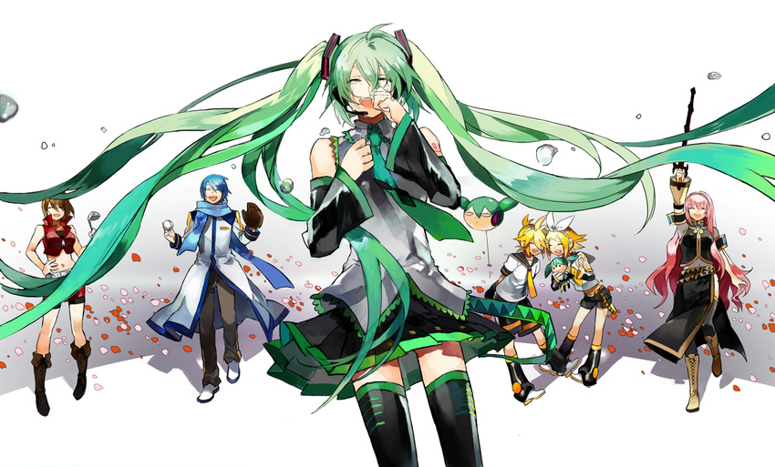 2boys 4girls balloon baseball_mitt black_thighhighs boots character_balloon character_doll commentary crying detached_sleeves happy_tears hatsune_miku kagamine_len kagamine_rin kaito_(vocaloid) ladle long_hair megurine_luka meiko_(vocaloid) mukashi_mukashi_no_kyou_no_boku_(vocaloid) multiple_boys multiple_girls party photoshop_(medium) smile starshadowmagician tears thigh_boots thighhighs twintails vocaloid zettai_ryouiki