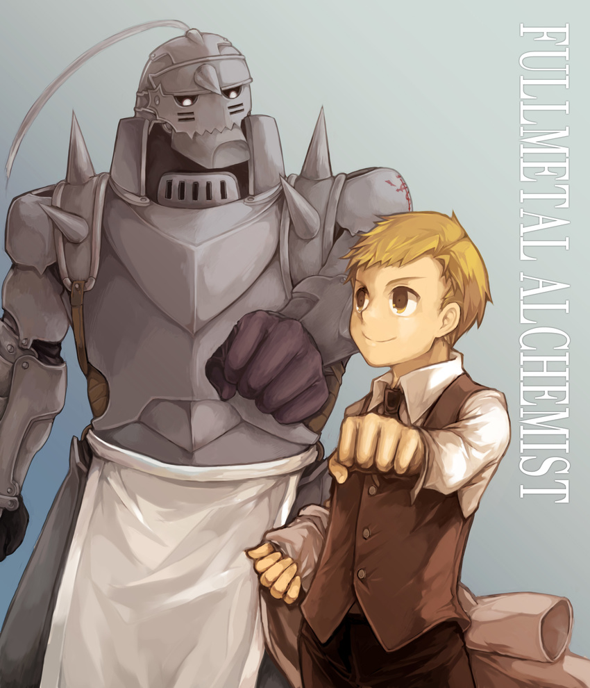 1boy alphonse_elric armor bad_id bad_pixiv_id brown_eyes brown_hair dual_persona full_armor fullmetal_alchemist highres kazi short_hair smile time_paradox