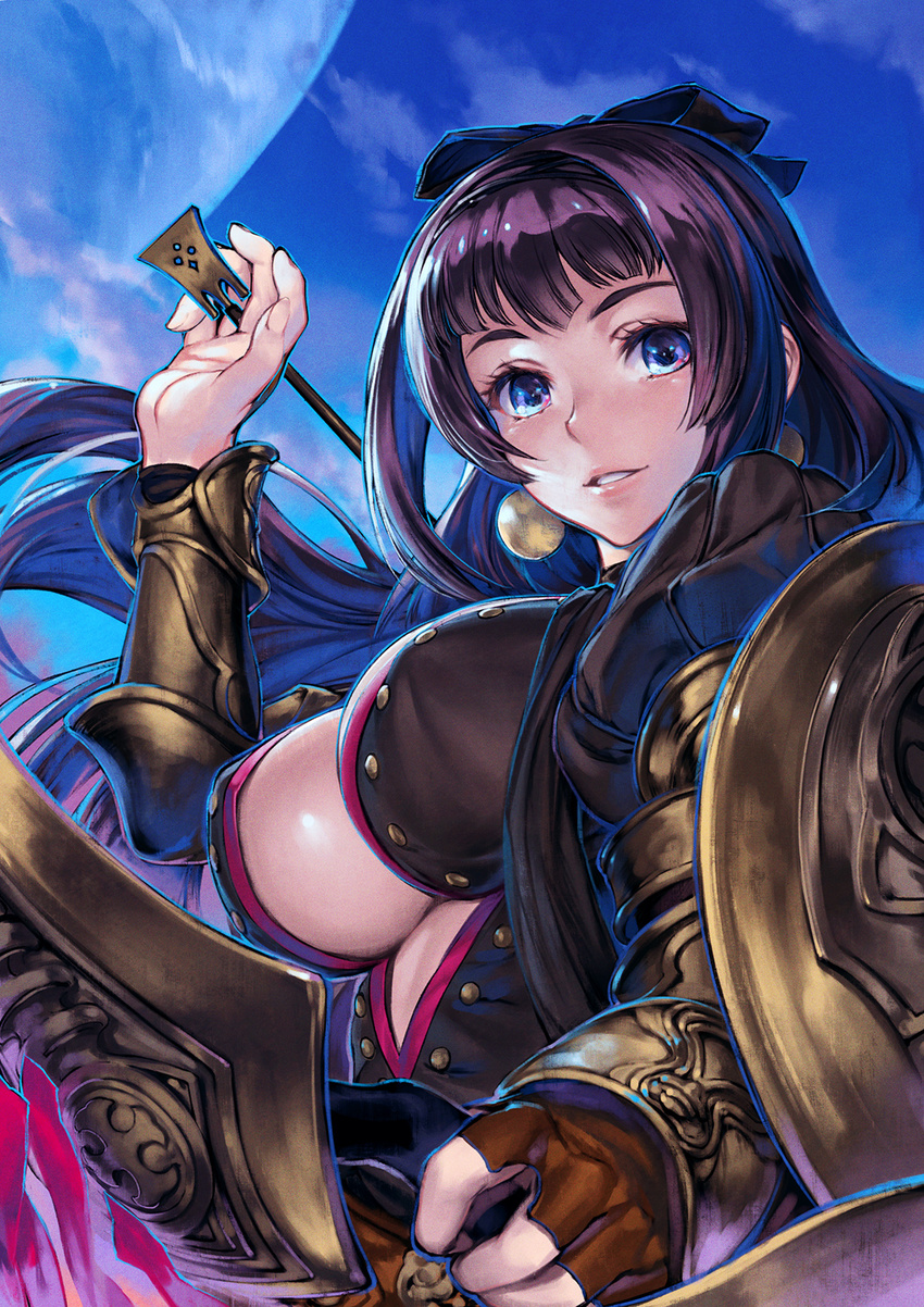 arrow_(projectile) bad_id bad_pixiv_id between_fingers black_hair blue_eyes blush bow_(weapon) breasts brown_gloves ear_ornament female fingerless_gloves gloves grace_(terra_battle) hair_ornament highres holding large_breasts long_hair parted_lips shield simosi smile solo terra_battle unbuttoned weapon