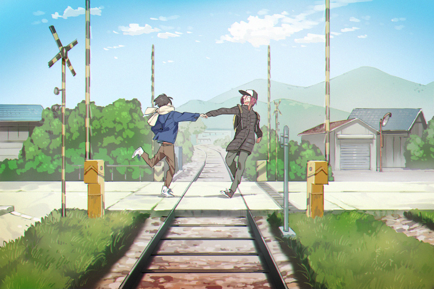 2boys backpack bag baseball_cap black_hair blue_sky boom_barrier building bush cloud commentary_request day eye_contact free! full_body grass hana_(dqkmb362) hat holding_hands jacket looking_at_another male_focus matsuoka_rin mountain multiple_boys nanase_haruka_(free!) open_mouth outdoors overhead_door pants plant pulling_another's_clothes railroad_crossing railroad_tracks red_hair road rural scarf shoes sky smile sneakers standing standing_on_one_leg tree