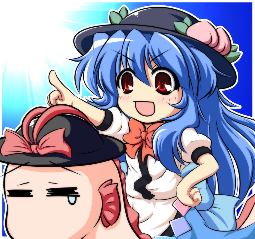 :d =_= blue_hair bow commentary_request female fish food fruit hand_on_own_hip hat hinanawi_tenshi long_hair nagae_iku nagae_iku_(fish) nullpooo oarfish open_mouth peach pointing red_eyes riding smile tears touhou v-shaped_eyebrows