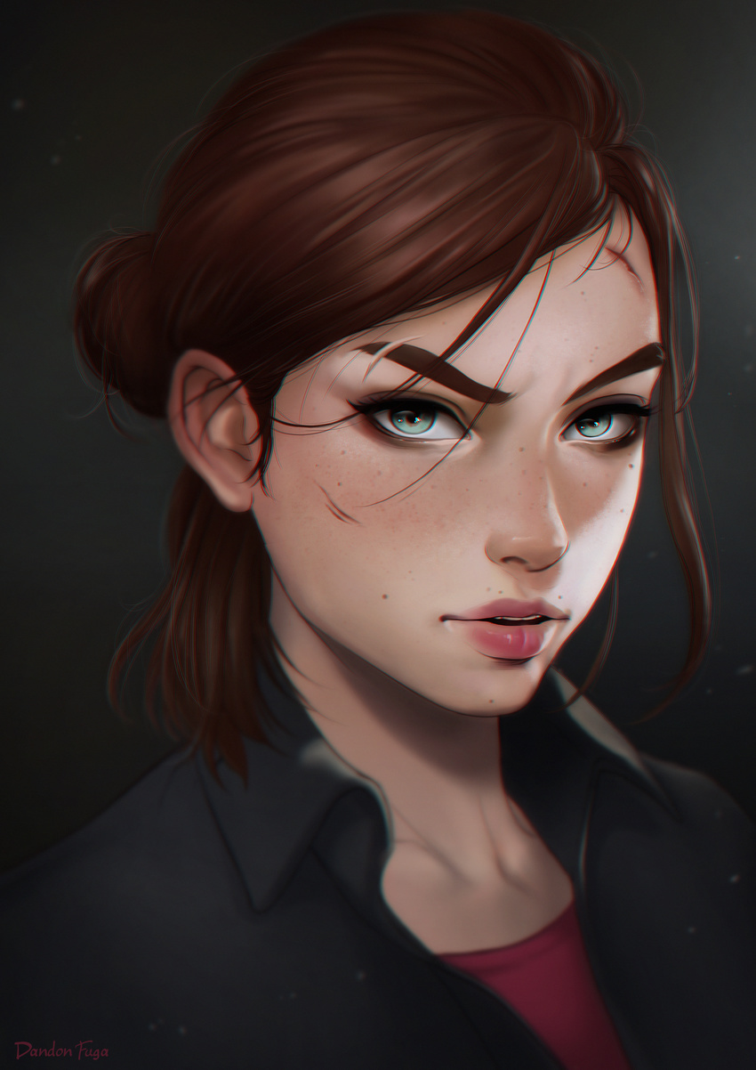 absurdres aged_up artist_name blue_eyes brown_hair dandon_fuga ellie_(the_last_of_us) female freckles green_eyes highres injury lips looking_at_viewer ponytail portrait solo the_last_of_us the_last_of_us_(series)