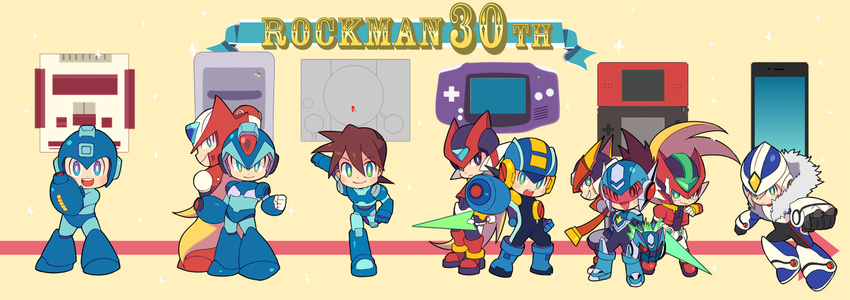 6+boys anniversary arm_cannon bad_id bad_pixiv_id black_eyes blonde_hair blue_eyes blue_helmet brown_hair cellphone chibi closed_mouth commentary_request copyright_name energy_sword famicom game_boy_advance game_console geo_stelar_(mega_man) green_eyes grey_(mega_man) handheld_game_console helmet highres mega_man_(character) mega_man_(classic) mega_man_(series) mega_man_battle_network_(series) mega_man_legends_(series) mega_man_star_force mega_man_volnutt mega_man_x_(series) mega_man_zero_(series) mega_man_zx mega_man_zx_advent megaman.exe miyata_(lhr) model_a_(mega_man) model_zx_(mega_man) multiple_boys netnavi nintendo_ds open_mouth over-1_(mega_man) phone playstation_1 playstation_logo red_helmet rockman_xover smartphone smile star_force_mega_man super_famicom sword weapon x_(mega_man) z_saber zero(z)_(mega_man) zero_(mega_man)