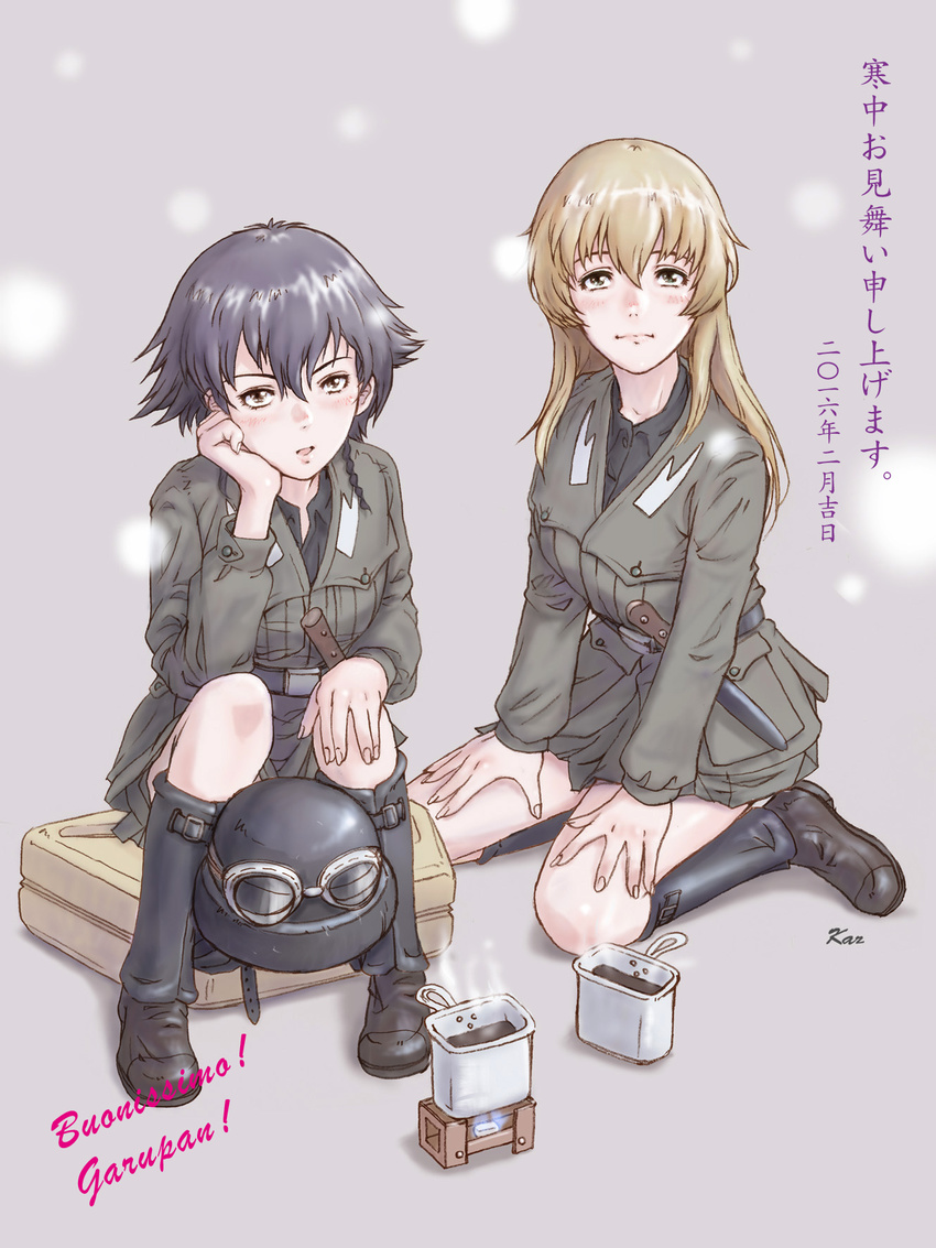 2girls anzio_military_uniform blonde_hair blush brown_eyes carpaccio_(girls_und_panzer) commentary_request cooking dagger fire food girls_und_panzer helmet highres italian_text kanchuumimai knife long_hair military military_uniform multiple_girls pepperoni_(girls_und_panzer) photoshop_(medium) short_hair sitting skirt smile steam translated uniform weapon yoshikawa_kazunori