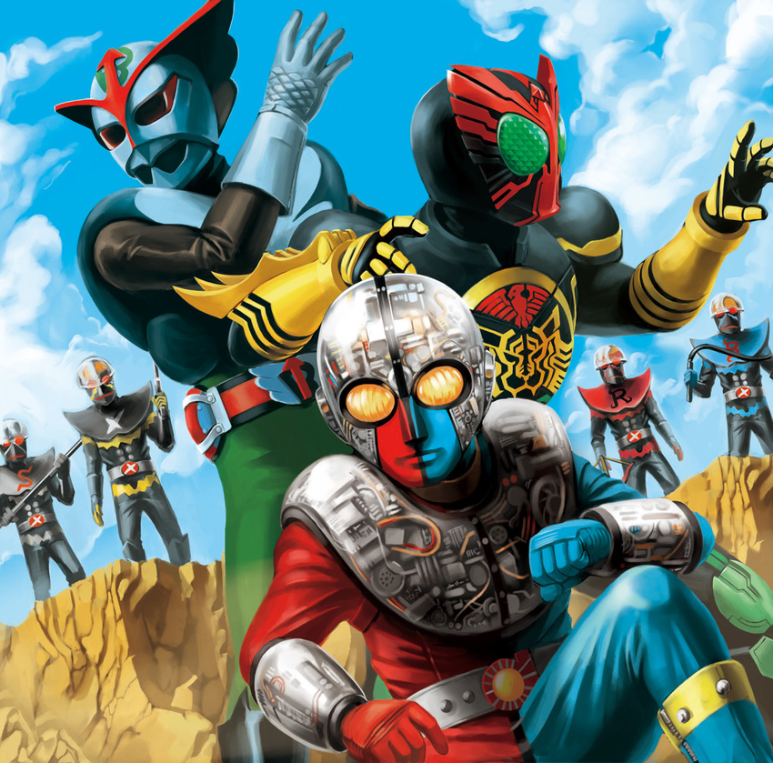 6+boys barom_1 blue_hakaider choujin_barom_1 commentary_request dutch_angle hakaider highres kamen_rider kamen_rider_ooo kamen_rider_ooo_(series) kikaider_(series) kikaider_01 kikaider_01_(series) matchin multiple_boys photoshop_(medium) red_hakaider silver_hakaider tokusatsu