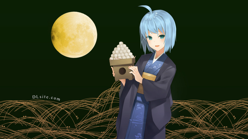 blue_hair dlsite.com elle_sweet green_eyes japanese_clothes kimono moon natashya_(pommier) original short_hair