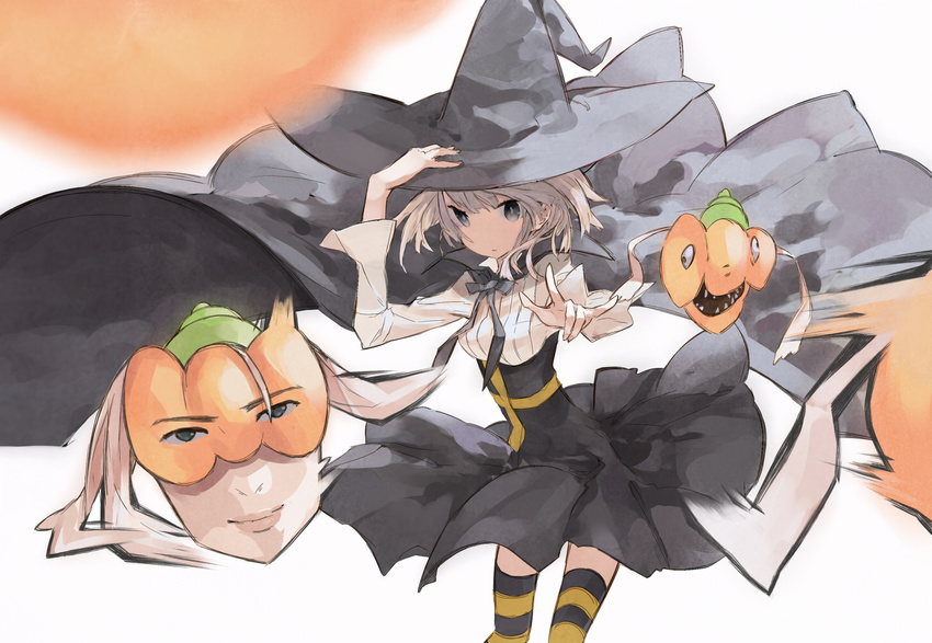 bad_id bad_pixiv_id blonde_hair blue_eyes el_shaddai enoch female halloween hand_on_headwear hat jack-o'-lantern mask okaasan_to_issho ponkan_8 pumpkin spoo striped_clothes striped_thighhighs thighhighs witch witch_hat