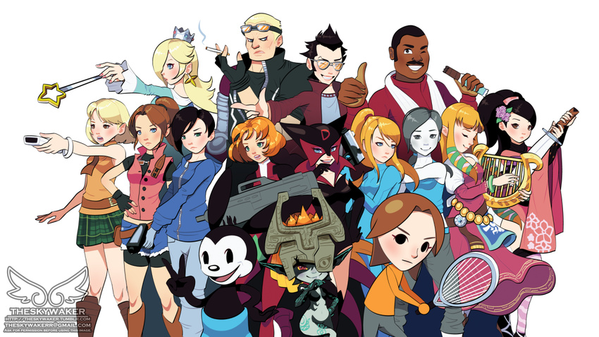 ashley_graham black_hair blonde_hair blush bob_cut claire_redfield commentary_request dark-skinned_female dark_skin disney energy_sword epic_mickey goggles gun handgun holding holding_gun holding_weapon jacket japanese_clothes kimono long_hair madworld mario_(series) metroid midna mii_(nintendo) mii_gunner mii_gunner_(smash_4) momohime multiple_girls no_more_heroes oboro_muramasa onimusha_soul orange_shirt paralyzer ponytail princess_zelda punch-out!! resident_evil resident_evil_2 resident_evil_4 rosalina samus_aran shirt short_hair sleeveless sleeveless_turtleneck smile sunglasses super_mario_galaxy sword the_legend_of_zelda the_legend_of_zelda:_skyward_sword the_legend_of_zelda:_twilight_princess theskywaker travis_touchdown turtleneck weapon wii_fit wii_fit_trainer wii_fit_trainer_(female) wii_sports zero_suit