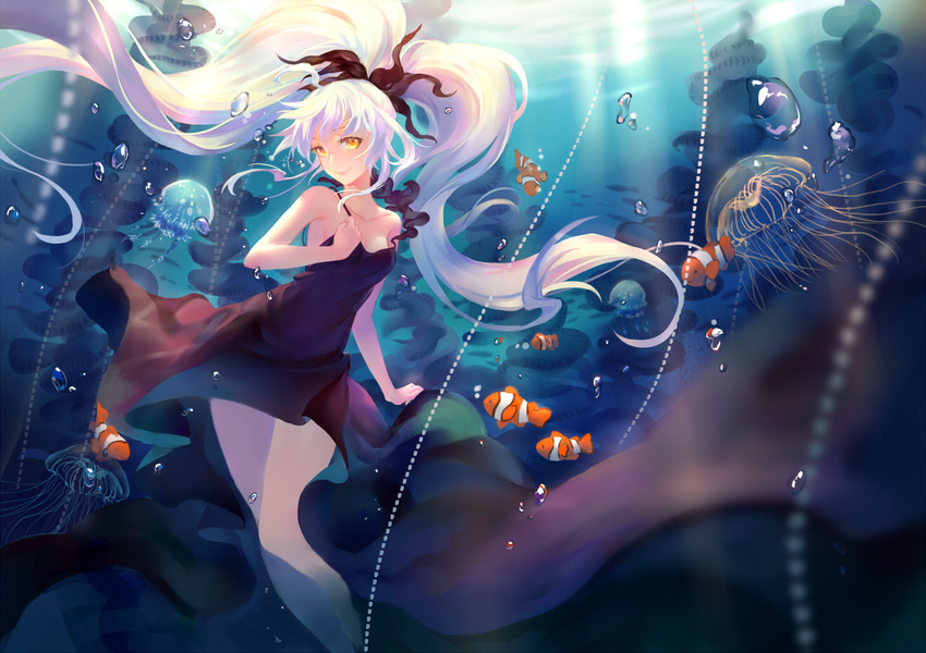 animal bubbles criin_(659503) dress fish long_hair original ponytail underwater water white_hair yellow_eyes