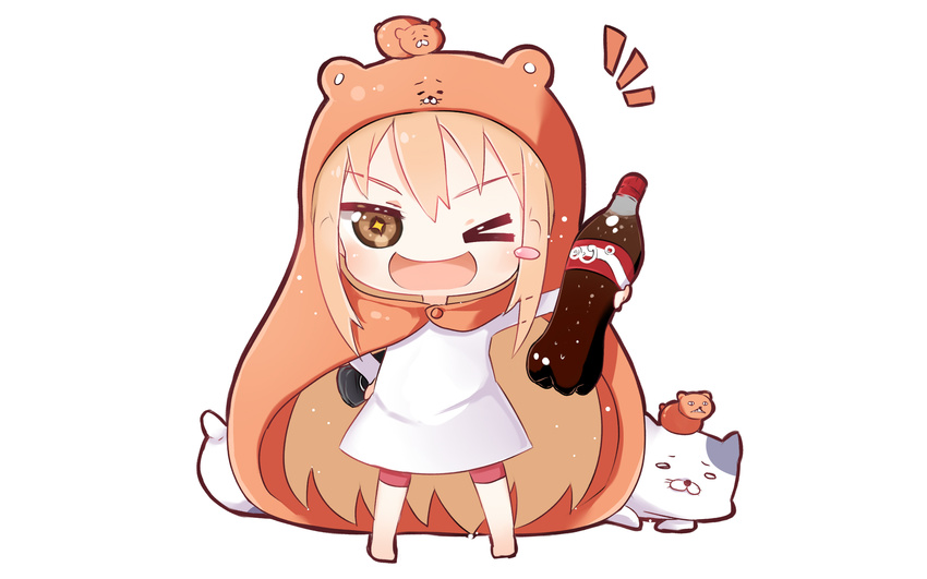 blonde_hair brown_eyes coca_cola doma_umaru himouto!_umaru-chan hoodie nekoronbusu shirt wataru_kuri white wink