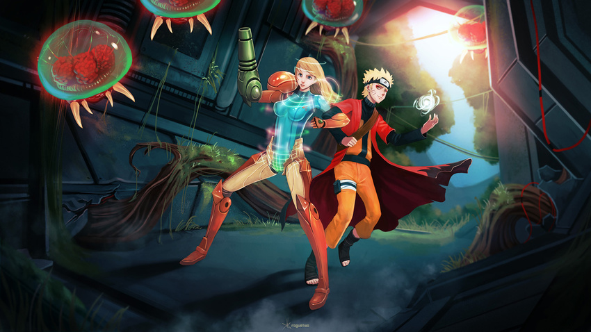 1boy arm_cannon artist_name artistic_error bad_deviantart_id bad_id battle blonde_hair blue_eyes boots breasts crossover doorway energy energy_ball facial_mark female forehead_protector grass konohagakure_symbol lens_flare long_hair medium_breasts metroid metroid_(creature) naruto_(series) naruto_shippuuden photoshop_(medium) rasengan roguetwo samus_aran science_fiction sennin_mode sunlight toeless_footwear tree uzumaki_naruto varia_suit weapon whisker_markings yellow_eyes zero_suit