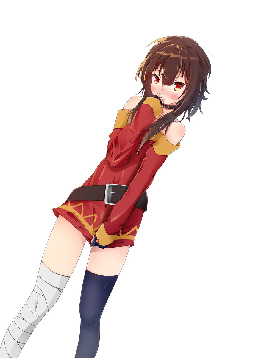 absurdres bandaged_leg bandages bare_shoulders belt black_belt black_thighhighs blush brown_hair choker commentary dress dress_tug dutch_angle female fingerless_gloves gloves highres kono_subarashii_sekai_ni_shukufuku_wo! looking_at_viewer megumin nose_blush nraib red_eyes short_hair short_hair_with_long_locks single_thighhigh sleeves_past_wrists solo thighhighs tunic white_background