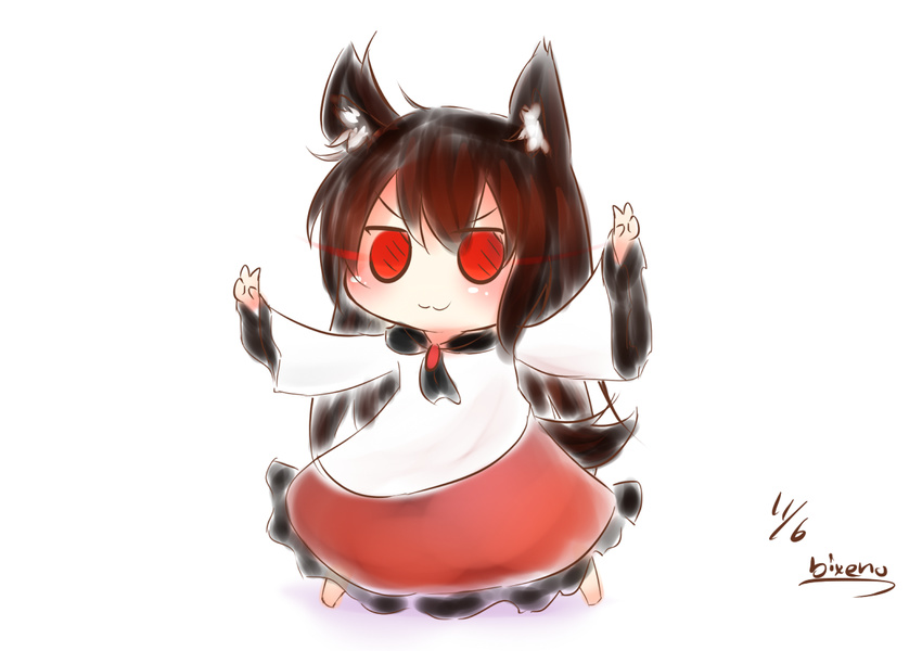 :3 ahoge animal_ears bikuseno blush brown_hair chibi commentary_request double_v female imaizumi_kagerou long_hair red_eyes signature solo tail touhou v v-shaped_eyebrows wolf_ears wolf_tail