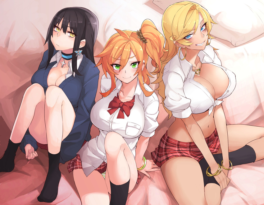 3girls amesuku_gyaru arm_support bangle bed black_hair black_legwear blazer blonde_hair blue_eyes bow bowtie bracelet breasts bug butterfly choker cleavage commentary_request crop_top cross earrings front-tie_top green_eyes grin gyaru hair_between_eyes hair_intakes heart heart_necklace highres hirakawa_natsumi_(jk_bitch_sannin_musume!) hoop_earrings huge_breasts indian_style indoors jacket jewelry jk_bitch_sannin_musume! knee_up knees_to_chest knees_up kogal large_breasts light_smile long_hair looking_at_viewer midriff miniskirt multiple_girls navel necklace nishizawa_shizuku no_shoes official_art one_side_up orange_hair panties pantyshot pillow plaid plaid_skirt pleated_skirt polka_dot polka_dot_scrunchie sasamori_anna school_uniform scrunchie shirt side_ponytail sidelocks sitting skirt smile socks striped_clothes striped_panties tied_shirt underwear v_arms wavy_hair whoosaku wing_collar yellow_eyes