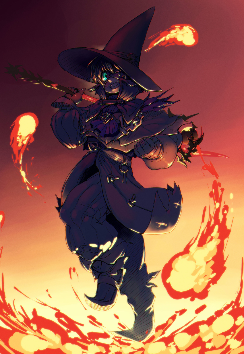 anchors black_mage blue_eyes cravat dark_background eyepatch final_fantasy final_fantasy_xiv fire hat high_collar highres looking_at_viewer pointed_shoes smile staff wizard_hat