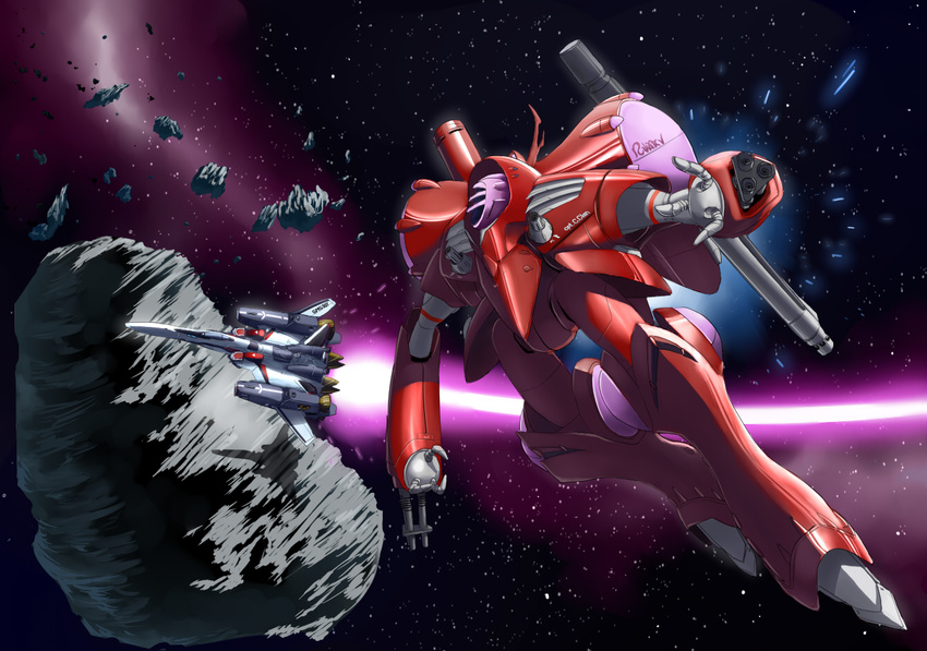 aircraft airplane armor asteroid cannon commentary_request inui's_meltran inui_(jt1116) jet macross macross_frontier mecha meltrandi no_humans power_armor queadluun-rea robot s.m.s. space spacecraft star_(symbol) vf-25 zentradi