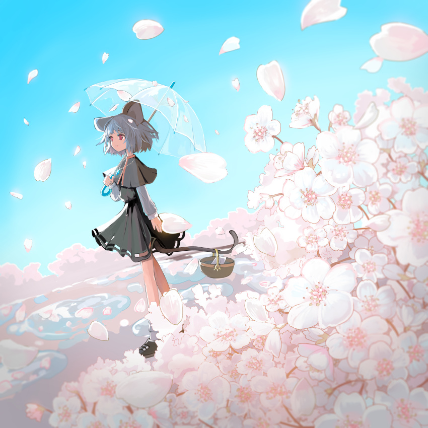 absurdres animal_ears basket black_footwear capelet cherry_blossoms closed_mouth day dress female grey_capelet grey_dress grey_hair highres holding holding_umbrella ichinose_(kurui96) jewelry long_sleeves mouse_ears mouse_tail nazrin parasol pendant petals red_eyes shoes short_hair smile socks solo tail touhou umbrella white_socks