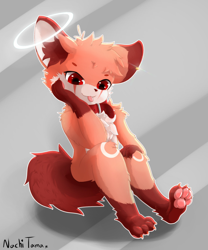 anthro canid canine fox fur halo hi_res hybrid jewelry lolicon male mammal nachitamajr necklace paws piercing pink_body pink_fur red_ear red_eyes red_paws red_tail simple_background sitting solo tail text tongue tongue_out white_body white_fur young