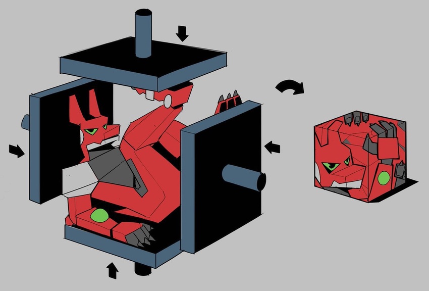 ambiguous_gender anthro before_and_after boxification cube green_eyes hydraulic_press machine malleable_body palprime1 red_(palprime1) red_body robot solo squish tagme trash_compactor unknown_species