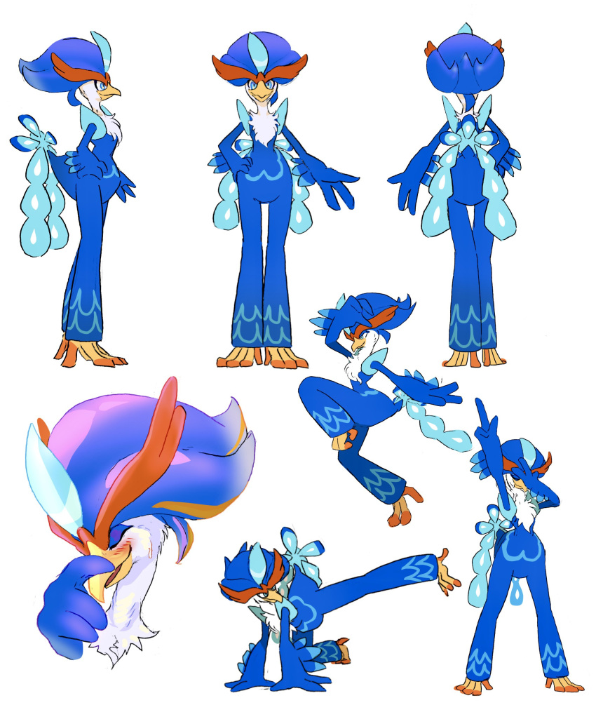 absurd_res ambiguous_gender anthro avian avian_butt beak bird blue_body blue_eyes blue_feathers blush embarrassed feathers fluffy_chest generation_9_pokemon hi_res multiple_images nintendo orange_tubuan pokemon pokemon_(species) pose quaquaval smile solo