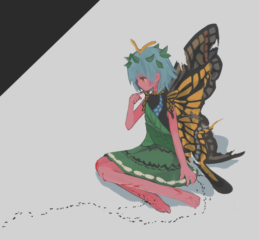 absurdres animal ant antennae aqua_hair bare_legs barefoot blood bug butterfly_wings closed_mouth cuts dress eternity_larva fairy female full_body green_dress highres ichinose_(kurui96) injury insect_wings leaf leaf_on_head multicolored_clothes multicolored_dress orange_eyes short_hair solo tears torn_wings touhou wings