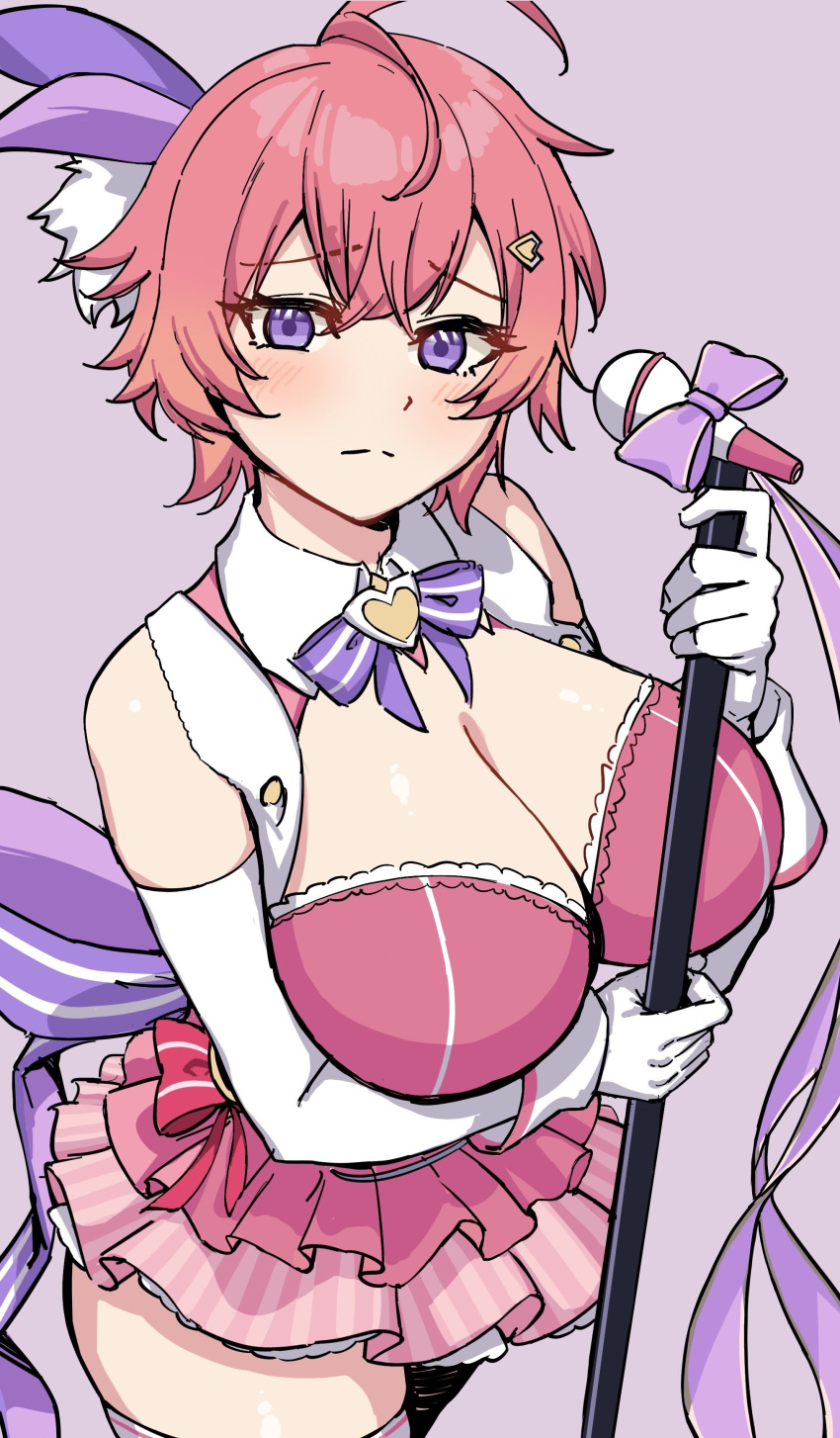 absurdres ahoge bare_shoulders breasts bustier cleavage crossed_bangs female gloves guardian_tales hair_ornament highres holding idol idol_captain_eva large_breasts looking_at_viewer period_(anony_83) pink_hair purple_eyes purple_ribbon ribbon short_hair simple_background solo white_gloves