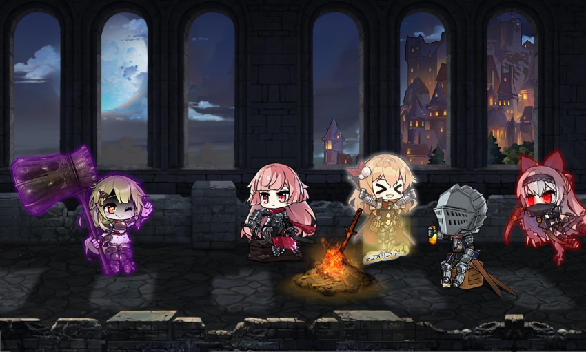 1other 4girls alternate_costume ambiguous_gender armor ashen_one_(dark_souls_3) aura blonde_hair blue_hair bonfire_(dark_souls) castle chibi crossover dark_souls_(series) dark_souls_i dark_souls_iii girls'_frontline green_hair helmet knife knight korean_commentary mk48_(girls'_frontline) mk48_(gunsmoke_decree)_(girls'_frontline) mosin-nagant_(blade_of_white_steel)_(girls'_frontline) mosin-nagant_(girls'_frontline) multiple_girls ntw-20_(girls'_frontline) ntw-20_(heart_of_dark_iron)_(girls'_frontline) official_alternate_costume pink_hair saru_(style) sitting sword the_mad_mimic tokarev_(girls'_frontline) tokarev_(griffin's_dancer)_(girls'_frontline) weapon