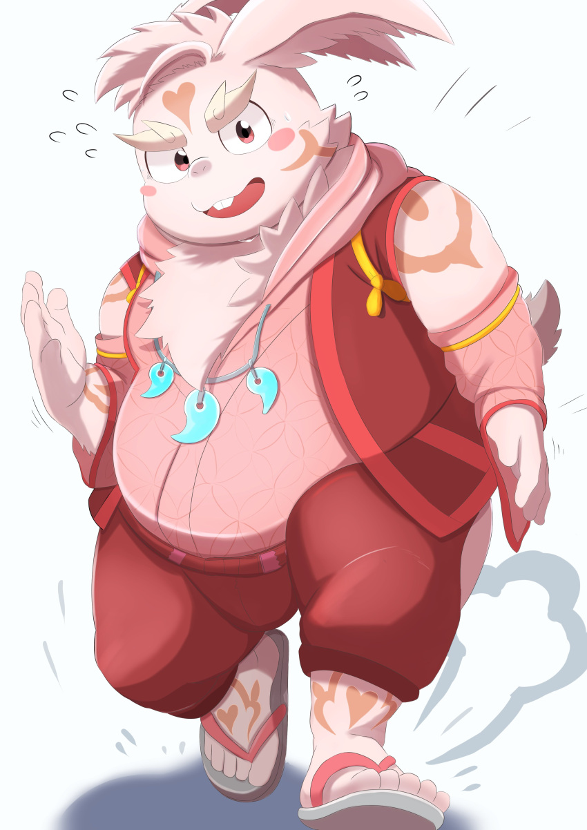 2022 5_toes absurd_res anthro barefoot belly clothed clothing feet flip_flops footwear hi_res humanoid_hands inaba_(tas) inugamihito kemono lagomorph leporid lifewonders male mammal mature_male musclegut muscular overweight overweight_male pawpads pink_body rabbit sandals slightly_chubby slightly_chubby_male solo toes tokyo_afterschool_summoners